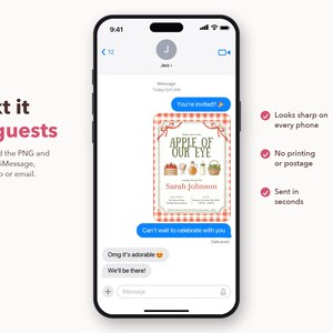 May include: A smartphone screen displaying a digital baby shower invitation with a red gingham border. The invitation features the text 'APPLE OF OUR EYE' and 'SARAH JOHNSON' alongside illustrations of apples, a bonnet, a bottle, and a basket.