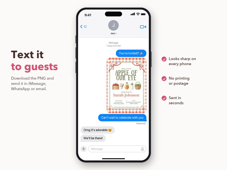 May include: A smartphone screen displaying a digital baby shower invitation with a red gingham border. The invitation features the text 'APPLE OF OUR EYE' and 'SARAH JOHNSON' alongside illustrations of apples, a bonnet, a bottle, and a basket.