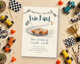 May include: A rectangular birthday invitation card featuring an orange race car with the number two, a winding track, checkered flags, and bunting. The text reads Two Fast, Max is turning two, 11:00 AM - 2:00 PM, Saturday, June 14th, 123 Main Street, Anytown, RSVP to Mom @ 555.123.4567 by June 1st.