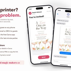 May include: Two smartphones display a digital invitation titled A Tini One on the Way, featuring illustrations of martini glasses with citrus garnishes. The text includes event details for Sarah Johnson, an RSVP button, and a text message conversation thread.