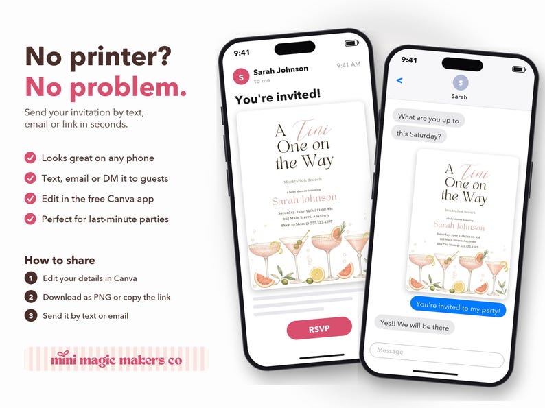 May include: Two smartphones display a digital invitation titled A Tini One on the Way, featuring illustrations of martini glasses with citrus garnishes. The text includes event details for Sarah Johnson, an RSVP button, and a text message conversation thread.