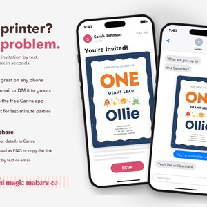 K&ouml;nnte beinhalten: Zwei Smartphones zeigen eine digitale Geburtstagseinladung mit Weltraumgrafiken, dem Text 'ONE GIANT LEAP Ollie' und einem RSVP-Button. Auf der linken Seite steht der Text 'No printer? No problem.' sowie Anweisungen zum Teilen per E-Mail oder SMS.