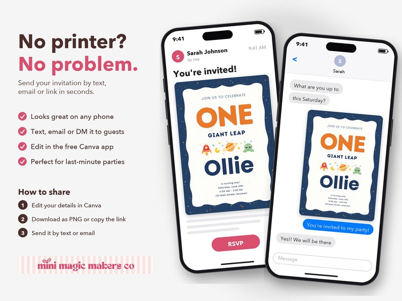 K&ouml;nnte beinhalten: Zwei Smartphones zeigen eine digitale Geburtstagseinladung mit Weltraumgrafiken, dem Text 'ONE GIANT LEAP Ollie' und einem RSVP-Button. Auf der linken Seite steht der Text 'No printer? No problem.' sowie Anweisungen zum Teilen per E-Mail oder SMS.