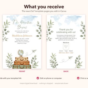 May include: A 5x7 baby shower invitation template featuring a watercolor world map, green leaves, and a stack of vintage suitcases with a globe and paper airplane. The text reads The Adventure Begins, Maddison Johnson, and Thank you for celebrating with us.