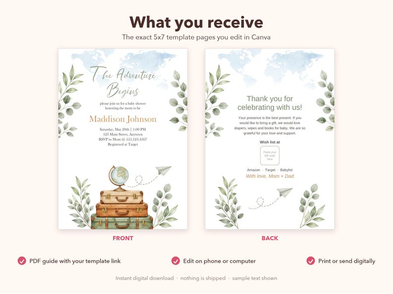 May include: A 5x7 baby shower invitation template featuring a watercolor world map, green leaves, and a stack of vintage suitcases with a globe and paper airplane. The text reads The Adventure Begins, Maddison Johnson, and Thank you for celebrating with us.