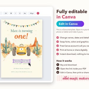 May include: A digital birthday invitation template featuring a yellow race car, desert landscape with cacti, and bunting. The text reads Max is turning one, Saturday June 14th, 11:00 AM - 2:00 PM, 123 Main Street, Anytown, and RSVP to Mom at 555.123.4567 by June 1st.