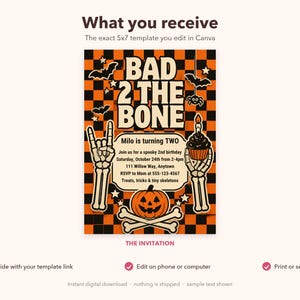 Invitation pour le 2e anniversaire de Bad 2 the Bone, fête d'Halloween squelette (modèle Canva modifiable) image 4