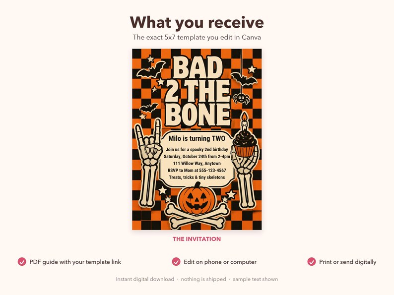Invitation pour le 2e anniversaire de Bad 2 the Bone, fête d'Halloween squelette (modèle Canva modifiable) image 4