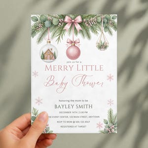 Merry Little Baby Shower Invitation, Editable Canva Template, Christmas Baby Shower Invite, Pink Ornament Winter Shower, Instant Download image 2