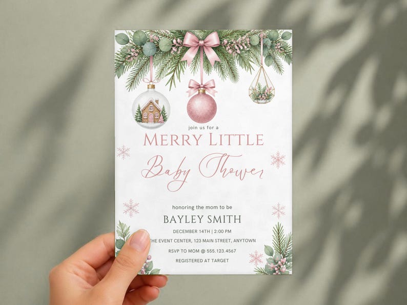 Merry Little Baby Shower Invitation, Editable Canva Template, Christmas Baby Shower Invite, Pink Ornament Winter Shower, Instant Download image 2