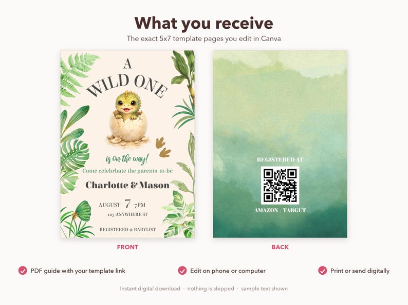 Dinosaur Baby Shower Invitation – A Wild One, Editable Canva Template (Digital Download) image 6