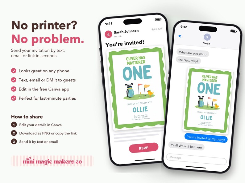 May include: Two smartphones display a digital birthday invitation for a first birthday party. The invitation features a green scalloped border, golf-themed graphics, and the text Oliver has mastered one. The screen also shows text about sharing.