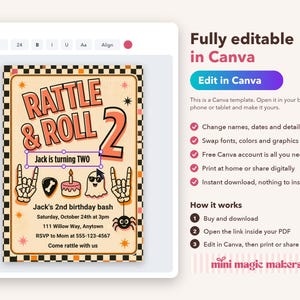 Puede incluir: Una plantilla de invitaci&oacute;n de cumplea&ntilde;os digital con el texto RATTLE & ROLL 2, Jack is turning TWO y Jack's 2nd birthday bash. El dise&ntilde;o incluye manos de esqueleto, un pastel, un fantasma con gafas de sol y una ara&ntilde;a sobre un borde a cuadros.