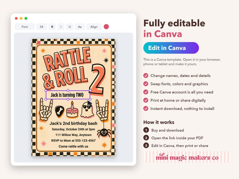 Puede incluir: Una plantilla de invitaci&oacute;n de cumplea&ntilde;os digital con el texto RATTLE & ROLL 2, Jack is turning TWO y Jack's 2nd birthday bash. El dise&ntilde;o incluye manos de esqueleto, un pastel, un fantasma con gafas de sol y una ara&ntilde;a sobre un borde a cuadros.