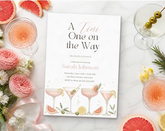 May include: A rectangular baby shower invitation card with the text A Tini One on the Way, Mocktails & Brunch, honoring Sarah Johnson, with date, time, and location details, featuring watercolor illustrations of four cocktail glasses and citrus.