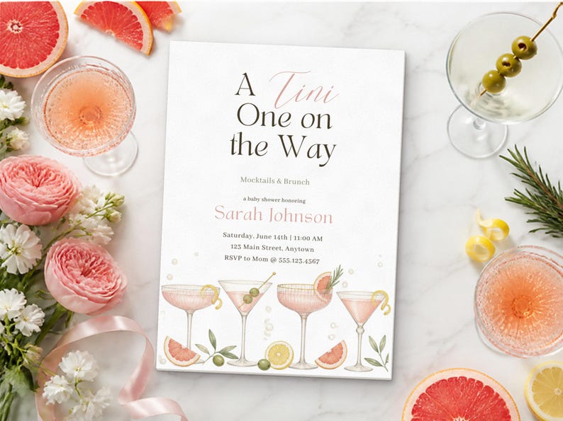 May include: A rectangular baby shower invitation card with the text A Tini One on the Way, Mocktails & Brunch, honouring Sarah Johnson, with date, time, and location details, featuring watercolour illustrations of four cocktail glasses and citrus.
