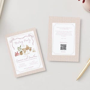 May include: Two rectangular Nesting Party invitation cards with light beige vertical stripes. The front features a pink bow, a potted plant, a bassinet, a teddy bear, and the text Nesting Party for Simone and Jonathan. The back includes a QR code.