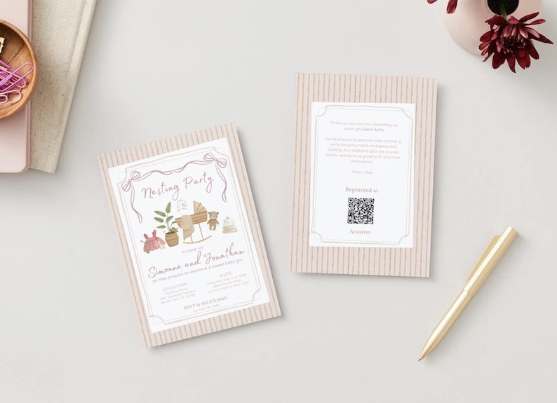 May include: Two rectangular Nesting Party invitation cards with light beige vertical stripes. The front features a pink bow, a potted plant, a bassinet, a teddy bear, and the text Nesting Party for Simone and Jonathan. The back includes a QR code.