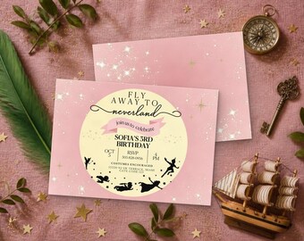 May include: A pink rectangular birthday invitation card featuring a circular cream center with the text Fly Away To Neverland, Sofia's 3rd Birthday, Oct 5, 4 PM, RSVP 305-828-0956, and address details, decorated with black silhouettes of flying figures.