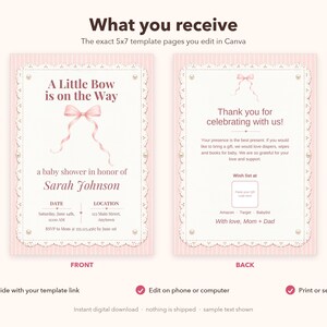 Invitación para baby shower Coquette, plantilla editable de Canva, "Un pequeño lazo está en camino", invitación para baby shower de niña con lazo rosa y perlas, descarga instantánea. imagen 3