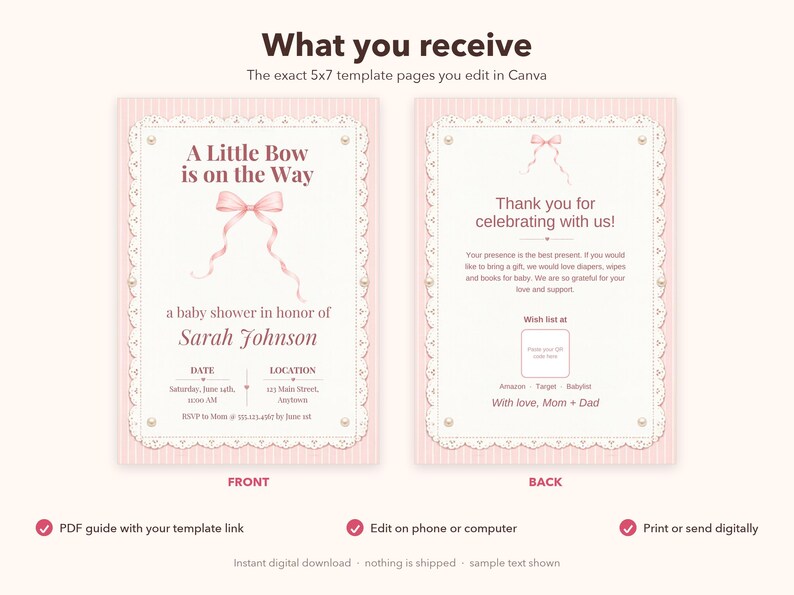 Invitación para baby shower Coquette, plantilla editable de Canva, "Un pequeño lazo está en camino", invitación para baby shower de niña con lazo rosa y perlas, descarga instantánea. imagen 3