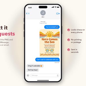 Pu&ograve; includere: Uno schermo di smartphone che mostra una conversazione iMessage con un invito digitale per un baby shower. L'invito presenta un grafico del sole, il testo Here Comes the Son e occhiali da sole gialli. La chat include messaggi come You're invited e Omg it's adorable.