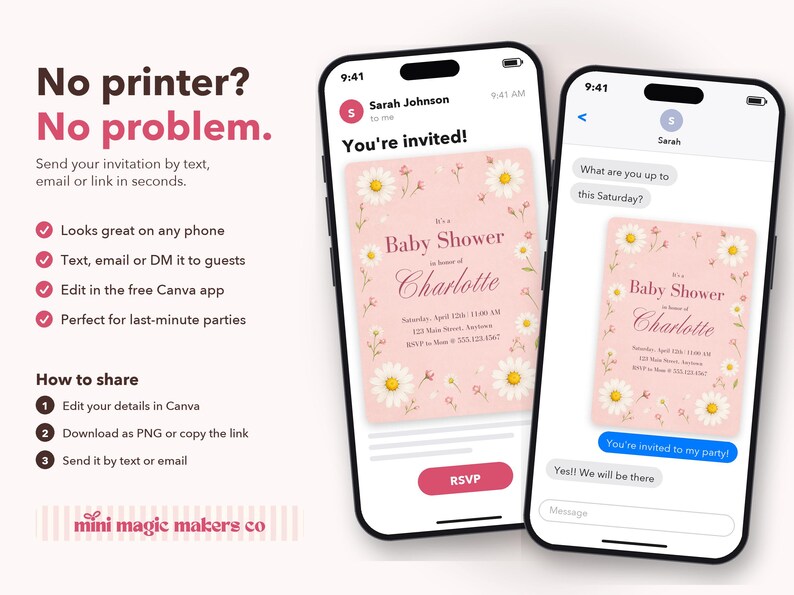 Puede incluir: Dos tel&eacute;fonos inteligentes muestran una invitaci&oacute;n digital para un baby shower en honor a Charlotte sobre un fondo rosa con margaritas blancas. El texto dice No printer? No problem. You're invited! Baby Shower in honor of Charlotte, fecha, hora y lugar.