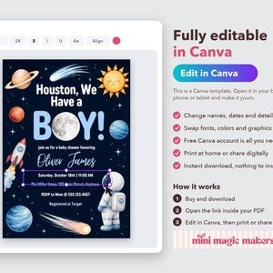 Houston We Have a Boy Baby Shower Invitation, Editable Canva Template, Space Baby Shower Invite, Astronaut Moon Planets, Instant Download image 5