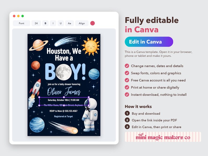 Houston We Have a Boy Baby Shower Invitation, Editable Canva Template, Space Baby Shower Invite, Astronaut Moon Planets, Instant Download image 5
