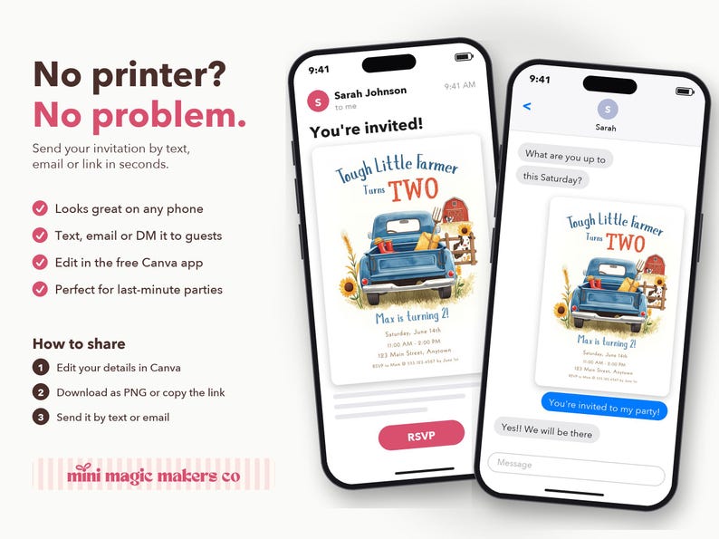 K&ouml;nnte beinhalten: Zwei Smartphones zeigen eine digitale Geburtstagseinladung mit dem Titel Tough Little Farmer turns TWO. Die Einladung zeigt einen blauen Pickup, Sonnenblumen und eine rote Scheune. Der Text enth&auml;lt No printer? No problem und mini magic makers co.