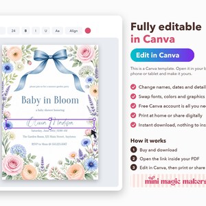 Baby in Bloom Baby Shower Invitation, Editable Canva Template, Wildflower Garden Party Shower Invite, Blue Bow Floral, Instant Download image 4