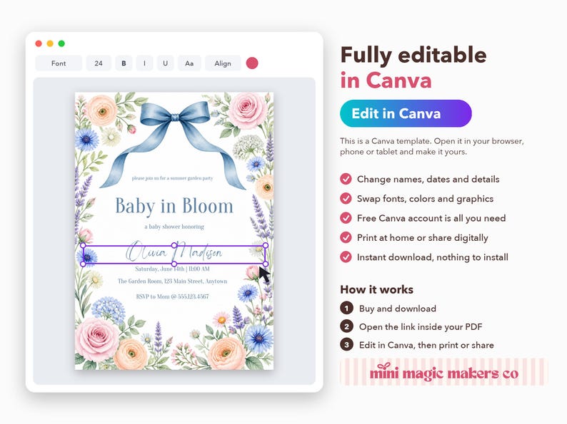 Baby in Bloom Baby Shower Invitation, Editable Canva Template, Wildflower Garden Party Shower Invite, Blue Bow Floral, Instant Download image 4