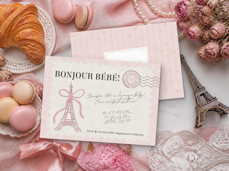 May include: A rectangular baby shower invitation card with a scalloped edge, featuring the text Bonjour B&eacute;b&eacute;!, a pink Eiffel Tower illustration with a bow, and event details including the date March 10, 2026, and RSVP 123.234.3456.