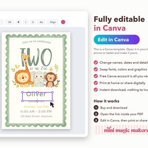 May include: A digital birthday invitation template featuring a scalloped green border and illustrations of a giraffe, lion, elephant, and monkey. The text reads Two at the Zoo, Oliver, Saturday, June 14th, 11:00 AM - 2:00 PM, 123 Main Street, Anytown. The interface shows editing tools.