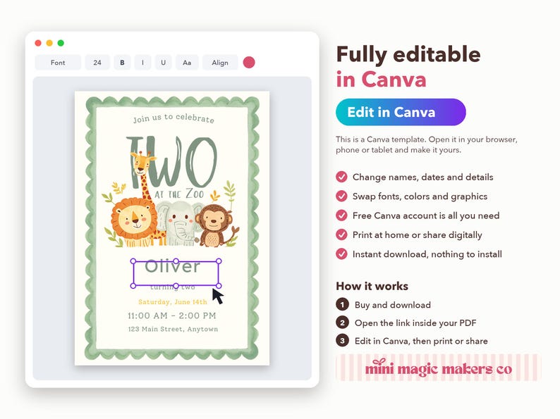 May include: A digital birthday invitation template featuring a scalloped green border and illustrations of a giraffe, lion, elephant, and monkey. The text reads Two at the Zoo, Oliver, Saturday, June 14th, 11:00 AM - 2:00 PM, 123 Main Street, Anytown. The interface shows editing tools.