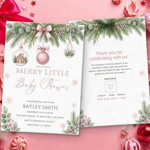 Merry Little Baby Shower Invitation, Editable Canva Template, Christmas Baby Shower Invite, Pink Ornament Winter Shower, Instant Download image 5
