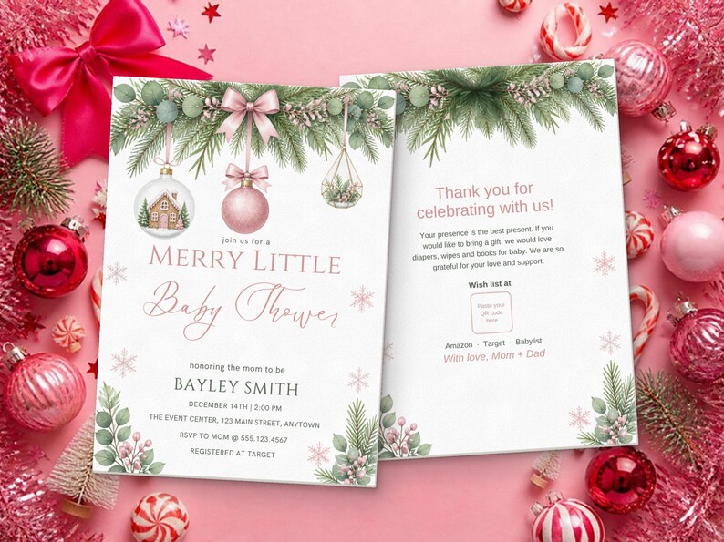 Merry Little Baby Shower Invitation, Editable Canva Template, Christmas Baby Shower Invite, Pink Ornament Winter Shower, Instant Download image 5