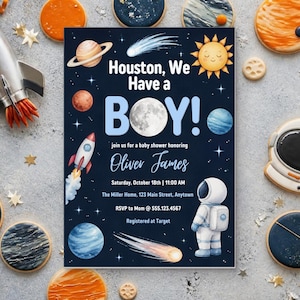 Houston We Have a Boy Baby Shower Invitation, Editable Canva Template, Space Baby Shower Invite, Astronaut Moon Planets, Instant Download
