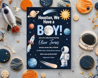 Houston We Have a Boy Baby Shower Invitation, Editable Canva Template, Space Baby Shower Invite, Astronaut Moon Planets, Instant Download