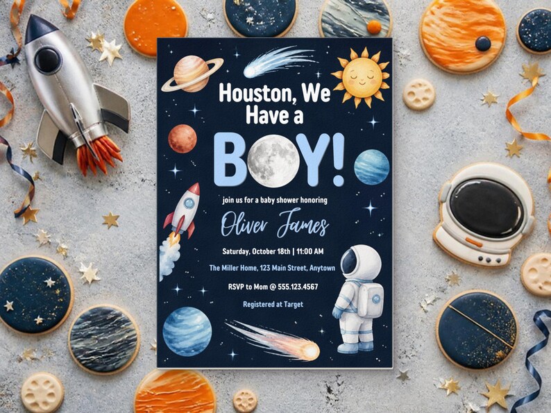 Houston We Have a Boy Baby Shower Invitation, Editable Canva Template, Space Baby Shower Invite, Astronaut Moon Planets, Instant Download image 1