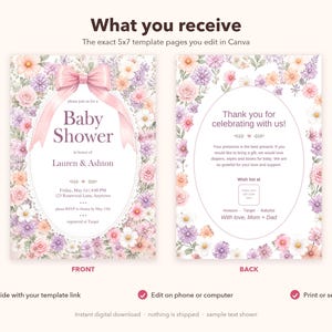 Floral Bow Baby Shower Invitation, Editable Canva Template, Pink Bow Girl Baby Shower Invite, Ditsy Wildflower Lace Oval, Instant Download image 7