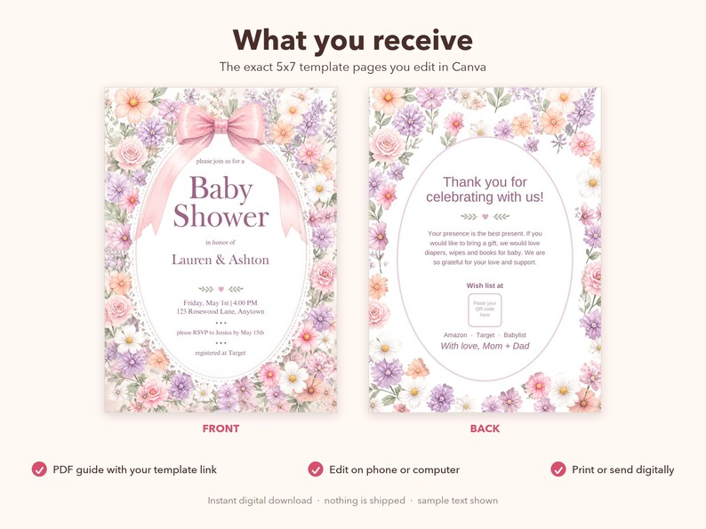 Floral Bow Baby Shower Invitation, Editable Canva Template, Pink Bow Girl Baby Shower Invite, Ditsy Wildflower Lace Oval, Instant Download image 7