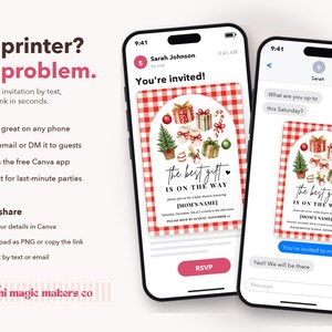 May include: Two smartphones displaying a digital baby shower invitation with a red and white gingham border, Christmas-themed illustrations, and the text "the best gift IS ON THE WAY". The screen shows text message and email interfaces.