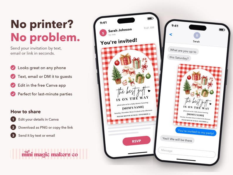 May include: Two smartphones displaying a digital baby shower invitation with a red and white gingham border, Christmas-themed illustrations, and the text "the best gift IS ON THE WAY". The screen shows text message and email interfaces.