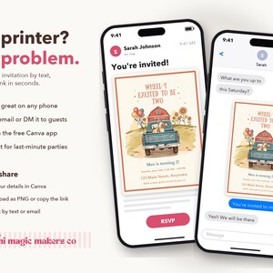 May include: Two smartphones display a digital birthday invitation featuring a blue pickup truck carrying a dog, balloons, and sunflowers. The text reads 'WHEEL-Y EXCITED TO BE TWO' and 'Max is turning 2!'. The graphic includes event details and an RSVP button.