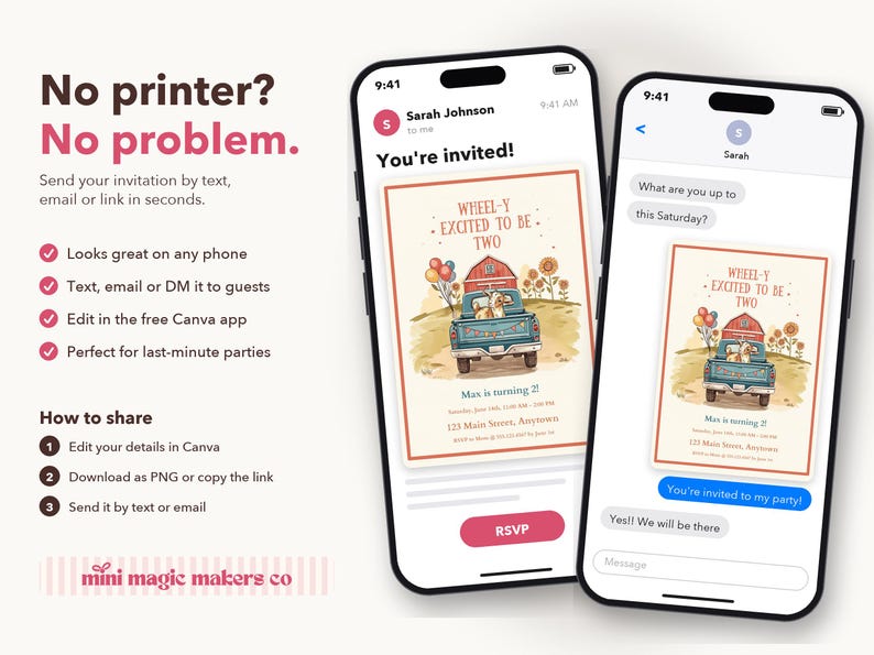 May include: Two smartphones display a digital birthday invitation featuring a blue pickup truck carrying a dog, balloons, and sunflowers. The text reads 'WHEEL-Y EXCITED TO BE TWO' and 'Max is turning 2!'. The graphic includes event details and an RSVP button.