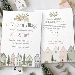 It Takes a Village Baby Shower Invitation, Editable Canva Template, Gender Neutral Shower Invite, Watercolor Houses, Instant Download image 7