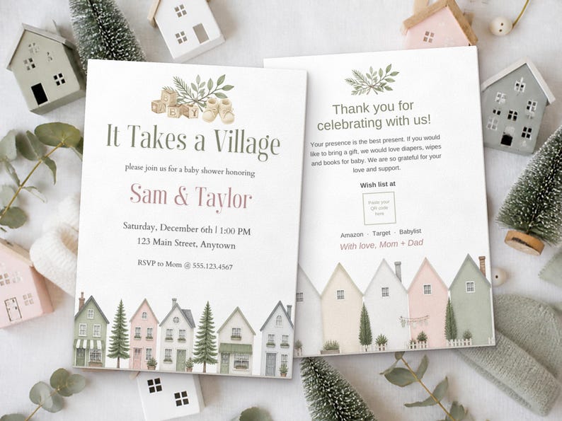 It Takes a Village Baby Shower Invitation, Editable Canva Template, Gender Neutral Shower Invite, Watercolor Houses, Instant Download image 7