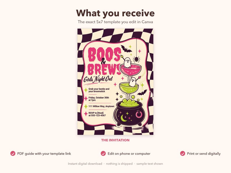 Invito per una serata di Halloween tra ragazze a tema "Boos & Brews", festa con cocktail spettrale (modello Canva modificabile) immagine 3