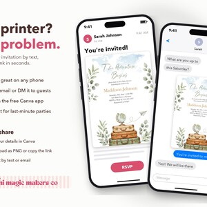 May include: Two smartphones display a digital invitation with the text The Adventure Begins, featuring watercolor illustrations of a globe, stacked vintage suitcases, and green foliage, with an RSVP button and text message interface.